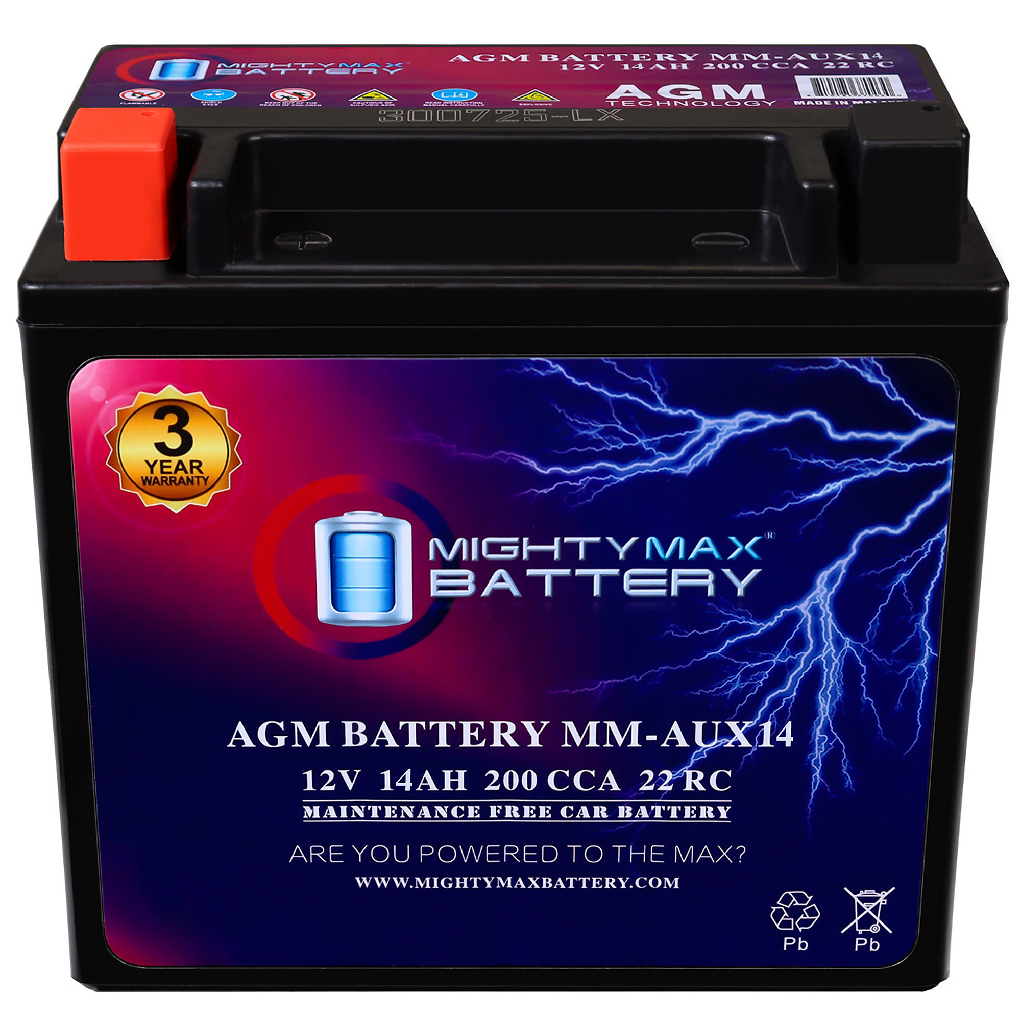 Mighty Max Auxiliary Battery — 12V, 14Ah, 200 CCA, Rechargeable AGM, Model# MAX4143264